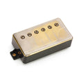Gold and black guitar pickup with six visible adjustable pole screws on top and mounting tabs.