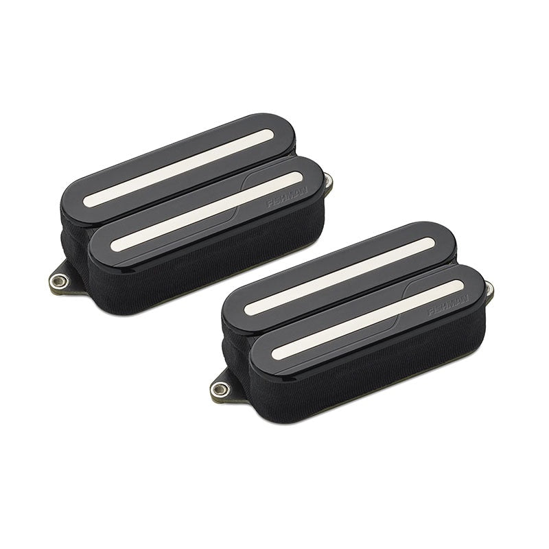 Two black guitar pickups with white bars and metal mounting rings on a white background.