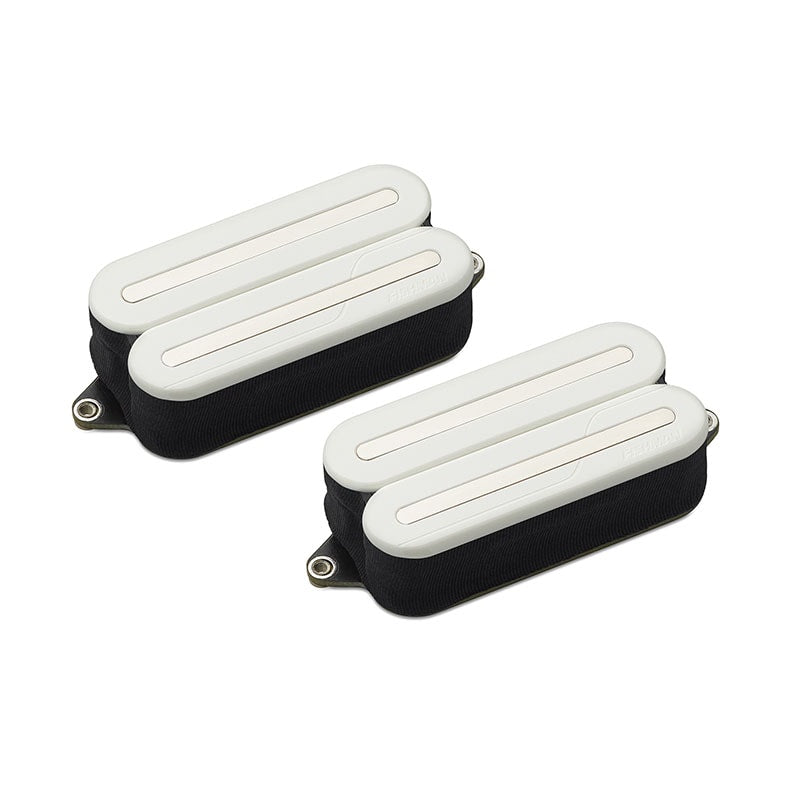 Two white and black rectangular guitar pickups with fabric sides and visible mounting holes.