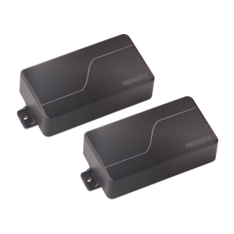 Two black rectangular pickups with Fishman logo on a white background.