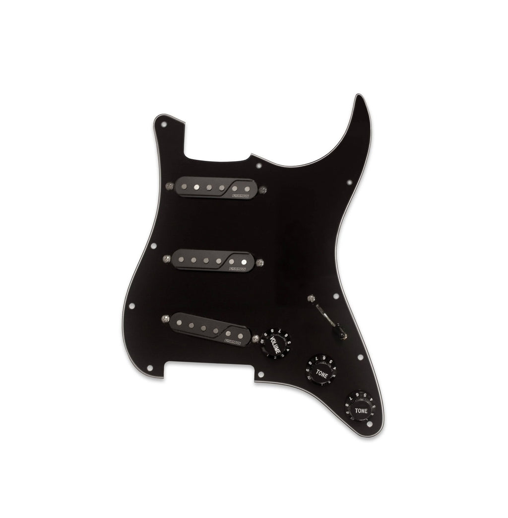 Black pickguard loaded with three single-width pickups, three control knobs, and a toggle switch for an electric guitar.