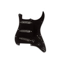 Black pickguard loaded with three single-width pickups, three control knobs, and a toggle switch for an electric guitar.