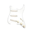 White pickguard with three single-width pickups, three knobs, and a toggle switch for guitar electronics.