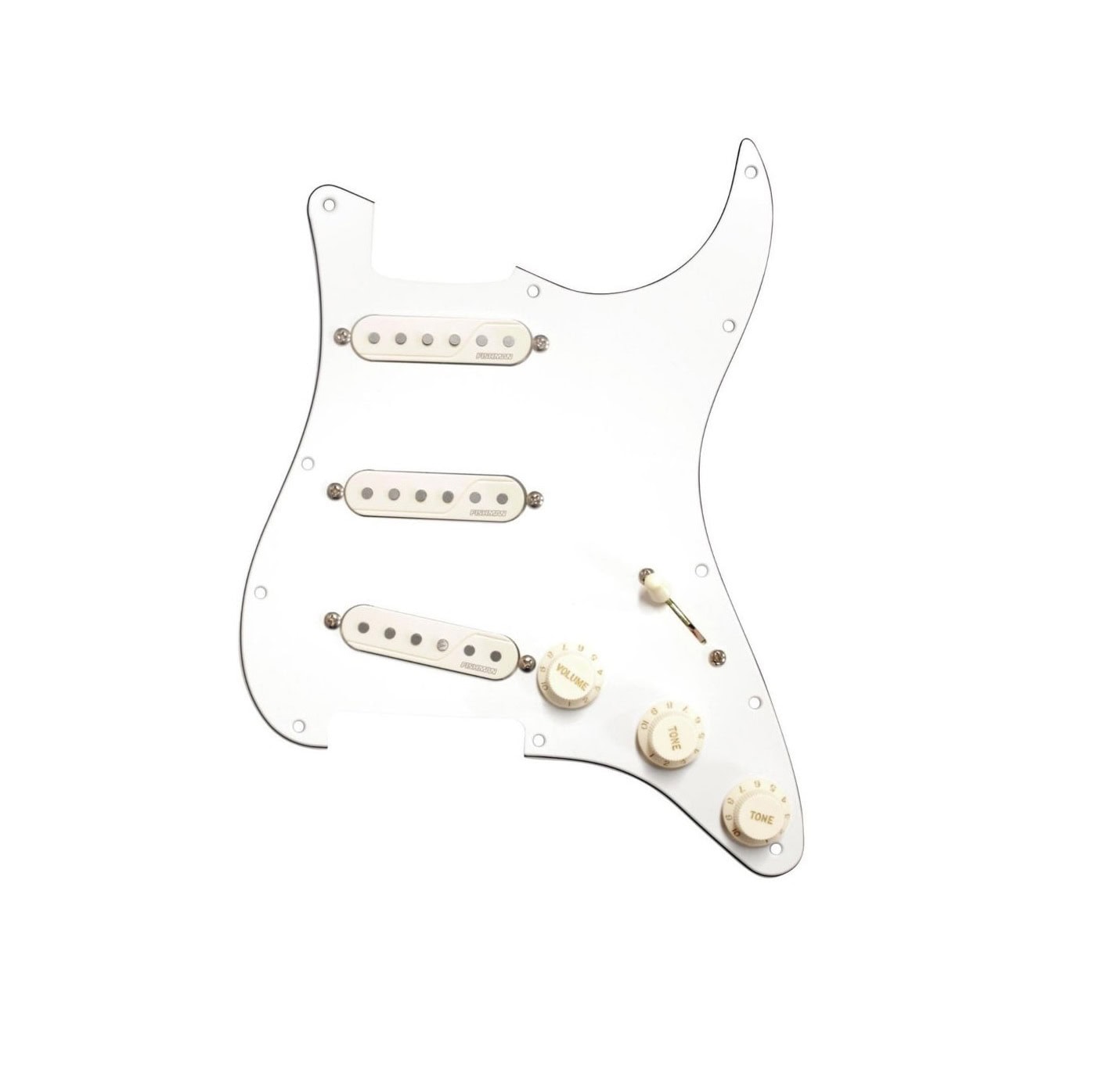 White pickguard with three single-width pickups, three knobs, and a toggle switch for guitar electronics.