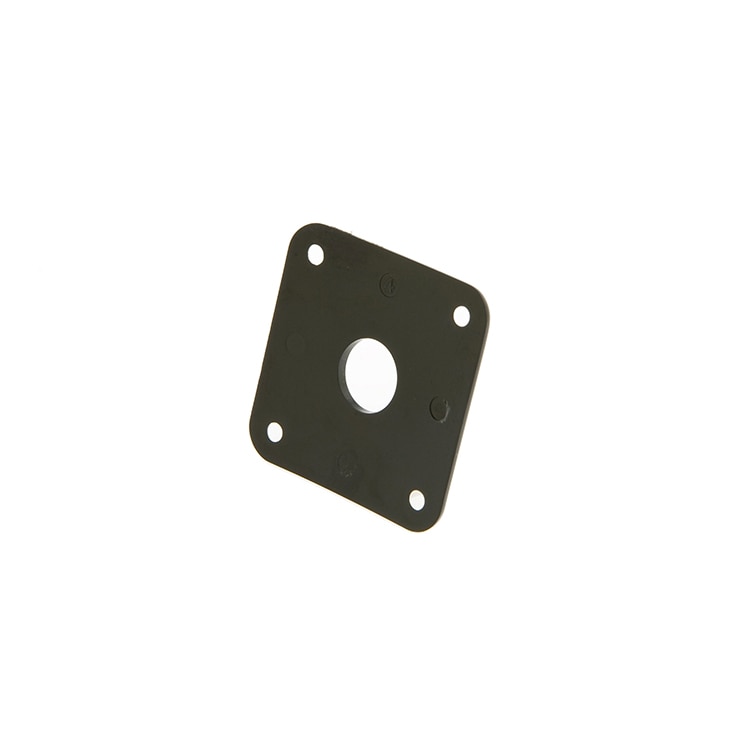 Black square plastic plate with a central circular hole and four corner screw holes.