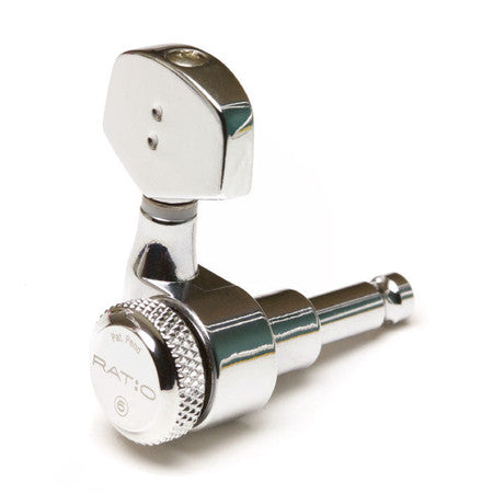 Single chrome metal locking guitar tuning peg with knurled control knob labeled RATIO.