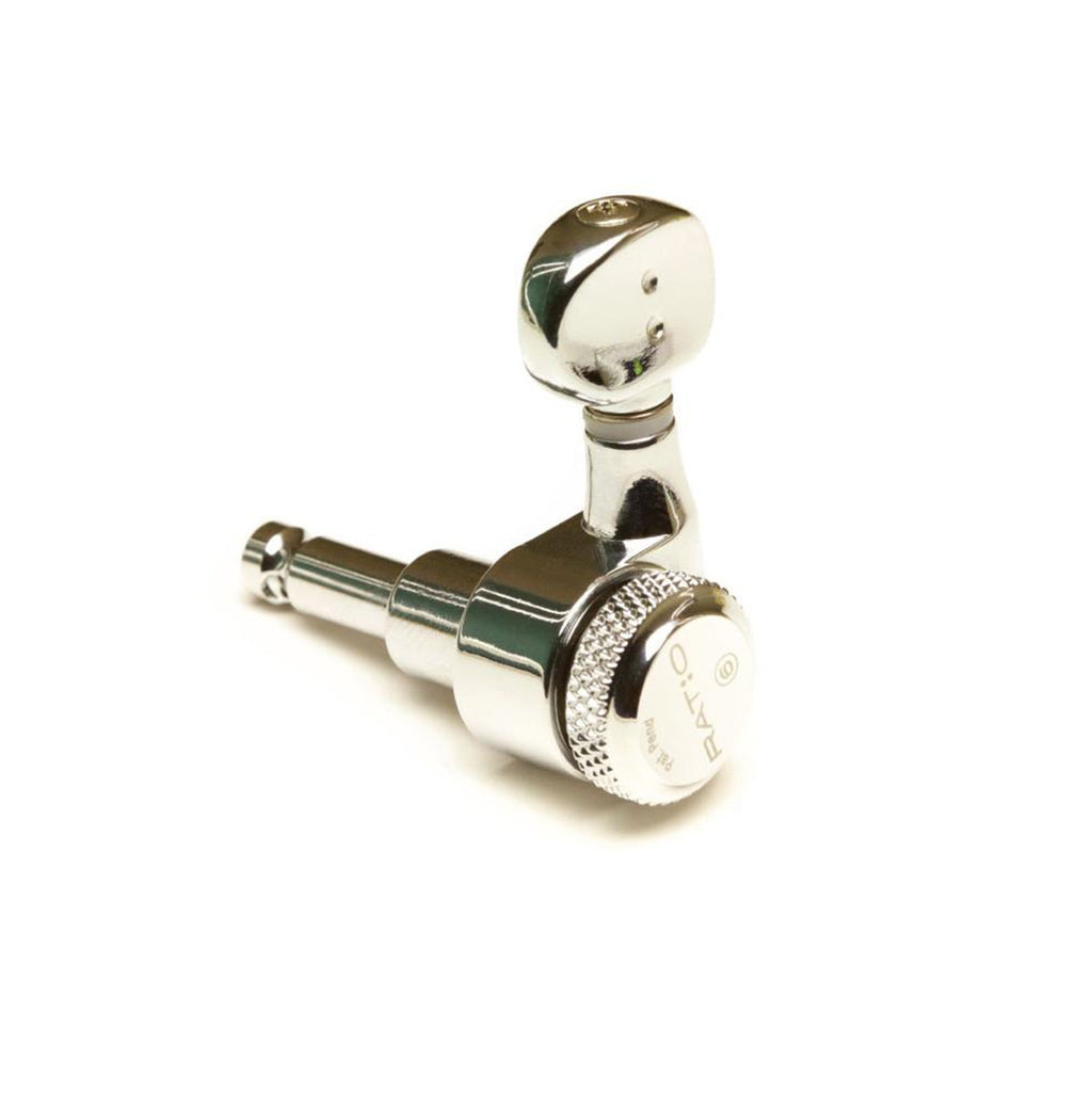 Single metallic silver guitar machine head tuner with knurled knob and two-pin mounting post on white background.