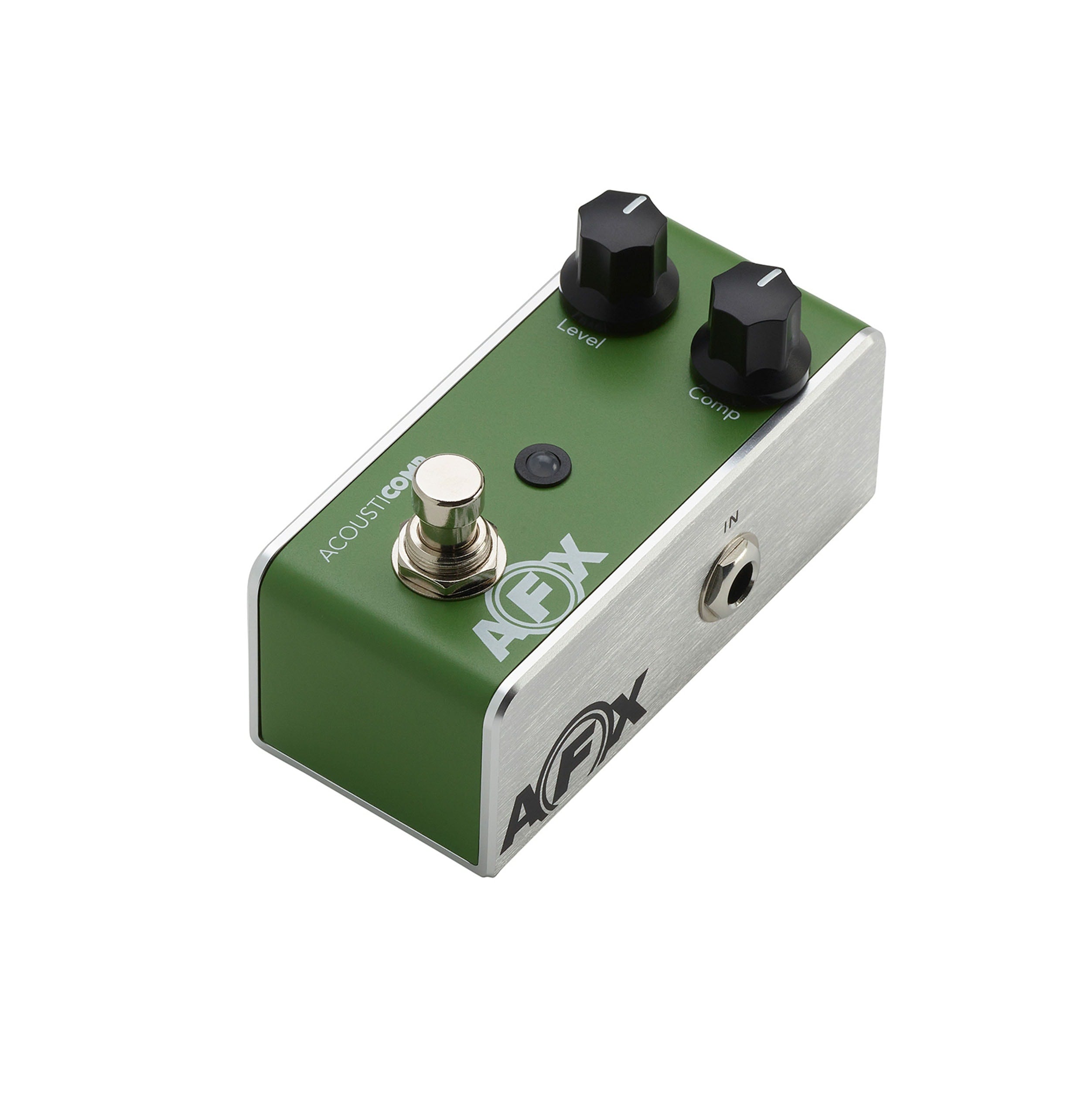 Green and silver guitar effects pedal with two knobs, footswitch, and input jack on the side.