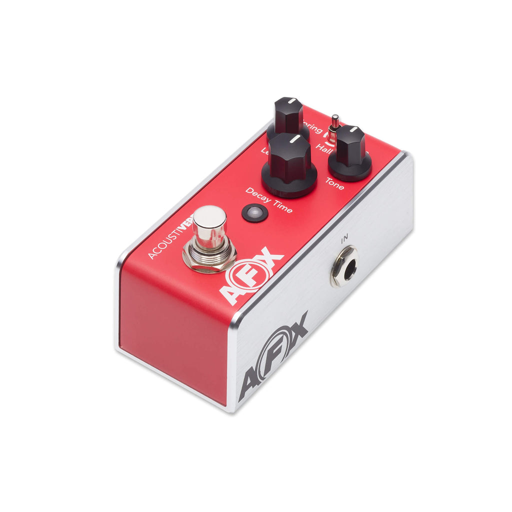 Small red and silver guitar effects pedal with three black knobs, a toggle switch, and one footswitch.