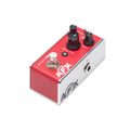 Small red and silver guitar effects pedal with three black knobs, a toggle switch, and one footswitch.