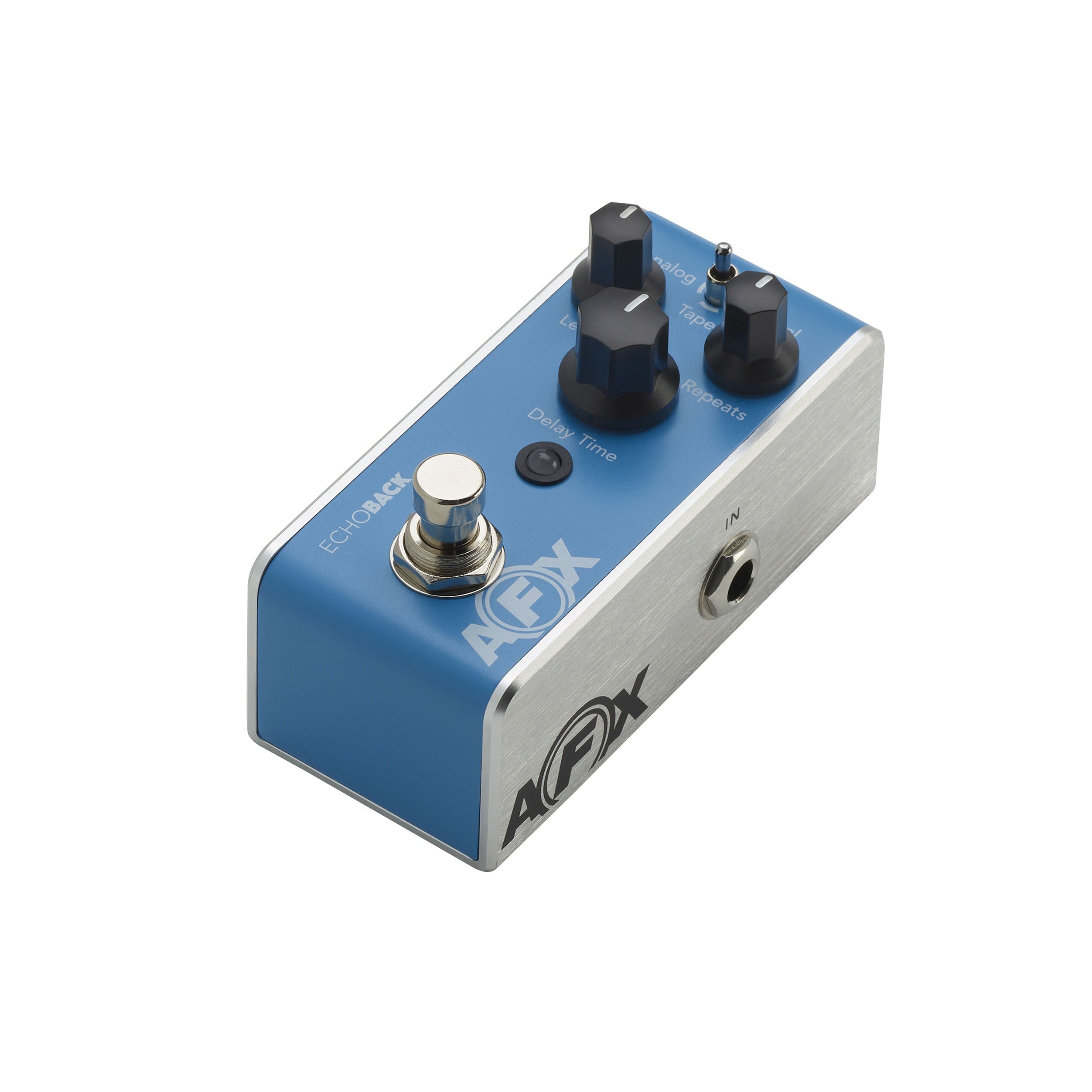 Blue and silver guitar pedal with three knobs, a toggle switch, footswitch, and one quarter-inch input jack.