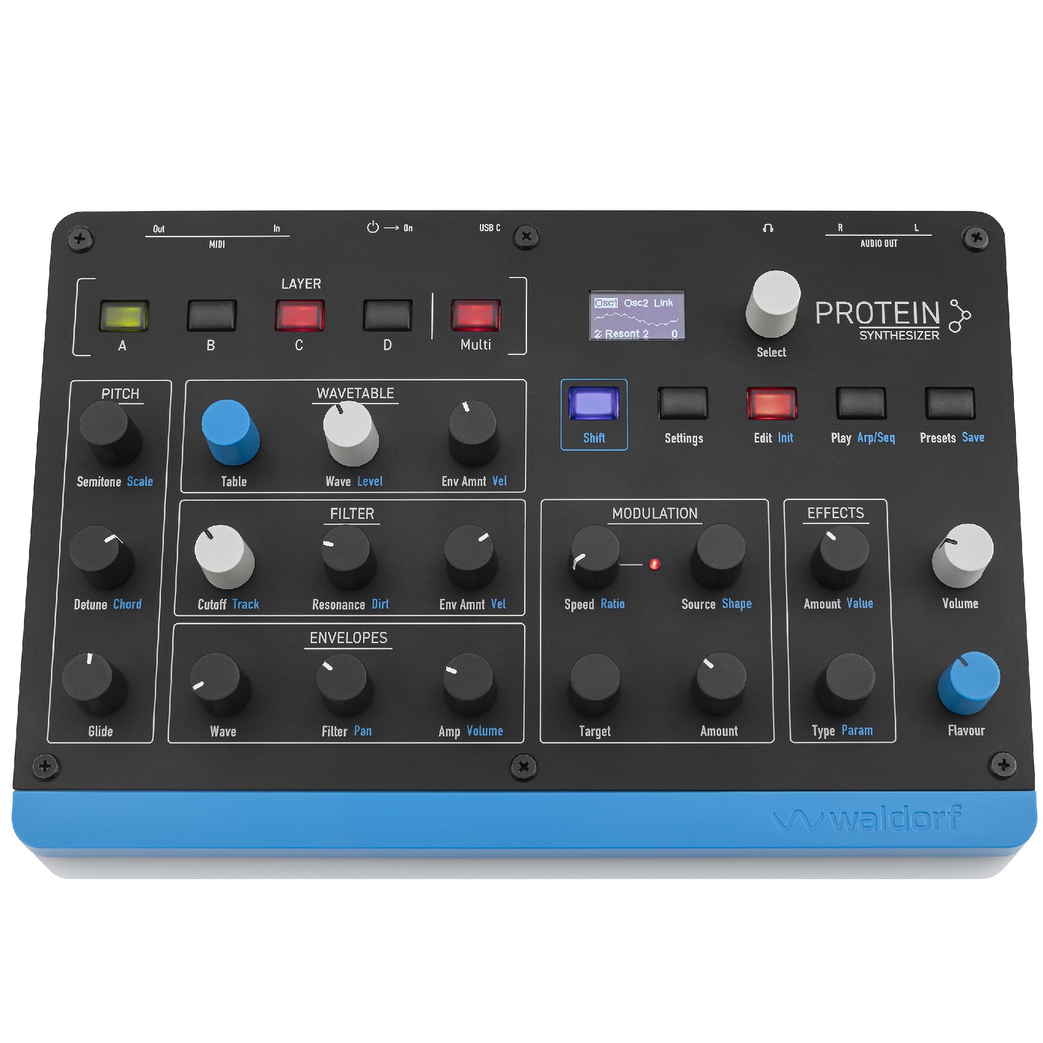 Top view of a Waldorf Protein synthesizer with knobs, buttons, and a small display on a black and blue panel.