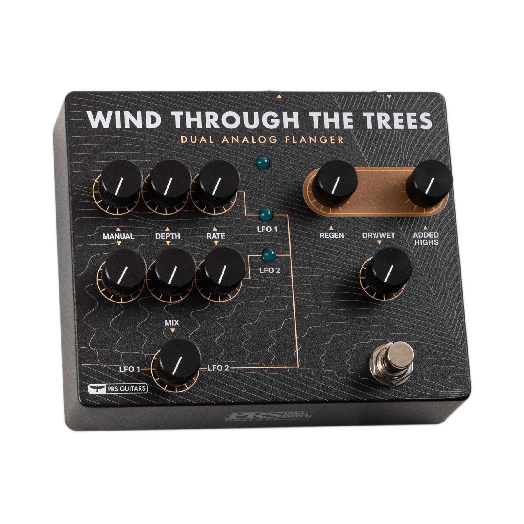 Black modulation pedal with multiple control knobs and a footswitch labeled Wind Through The Trees.