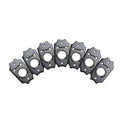 Six black plastic mounting plates with two screw holes and a central circular opening, arranged in a fan shape.