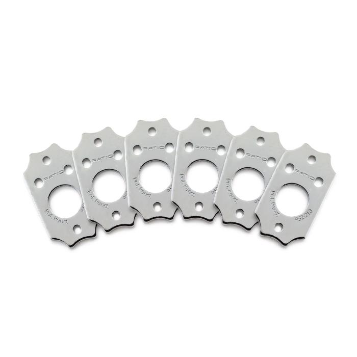Six silver metal mounting plates with two screw holes and a large circular center hole are arranged in a fan shape.