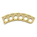 Six gold metal plates each with three holes, arranged in a curved line on a white background.