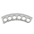 Six silver metal mounting plates arranged in a curved row with three holes each and engraved text.