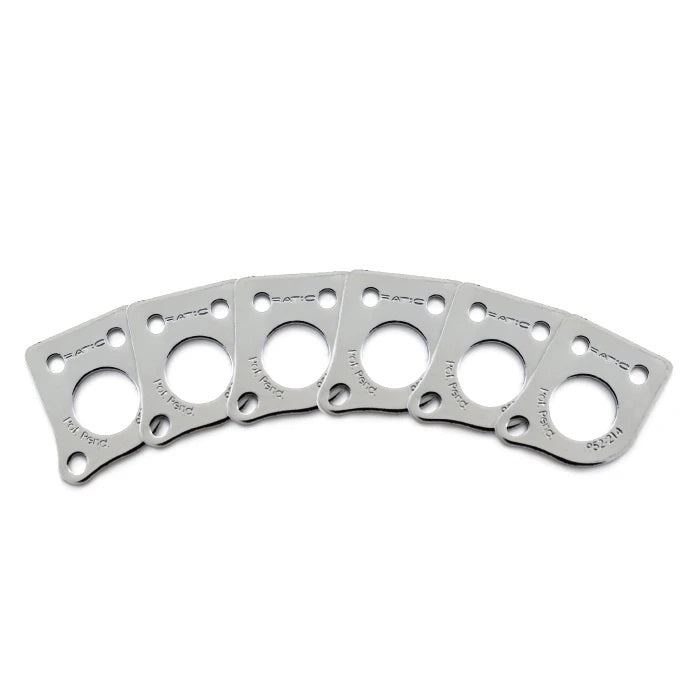 Six silver metal mounting plates arranged in a curved row with three holes each and engraved text.