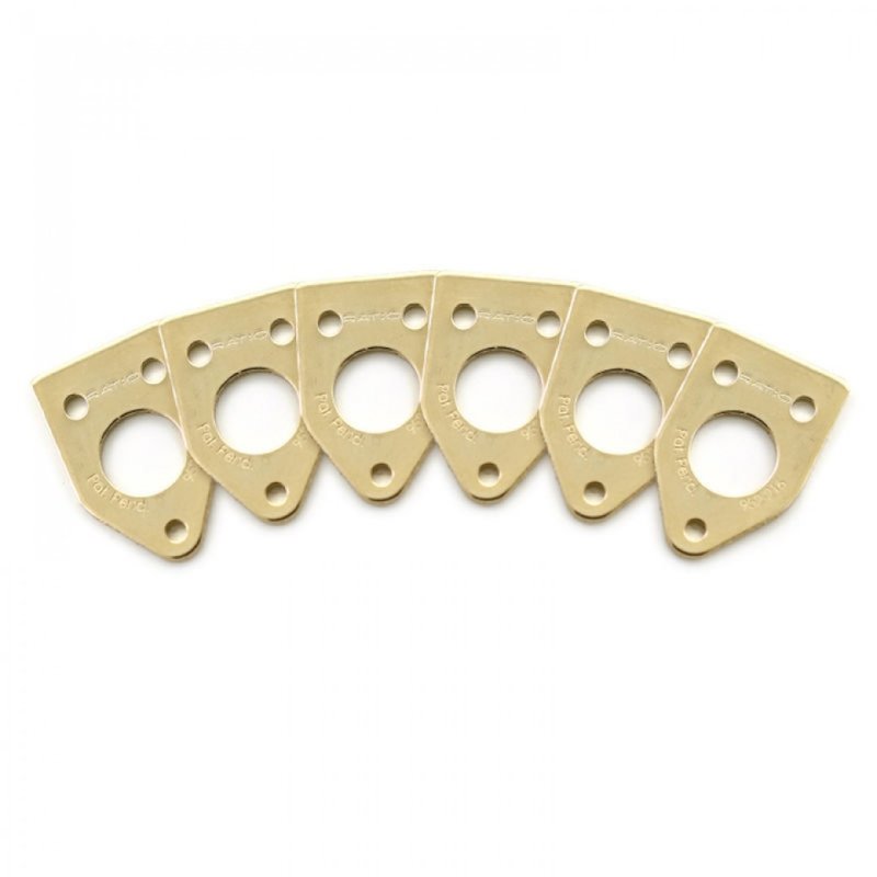 Six gold metal mounting plates with triangular shape and multiple screw holes arranged in a fanned layout.