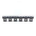 Black metal guitar bridge piece with six threaded holes in a row on a white background.