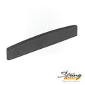Black curved plastic or polymer string saver saddle piece shown on white background.
