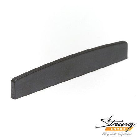 Black curved plastic or polymer string saver saddle piece shown on white background.