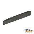 Single black compensated acoustic guitar saddle displayed on white background with String Saver logo.