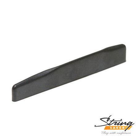 Single black compensated acoustic guitar saddle displayed on white background with String Saver logo.