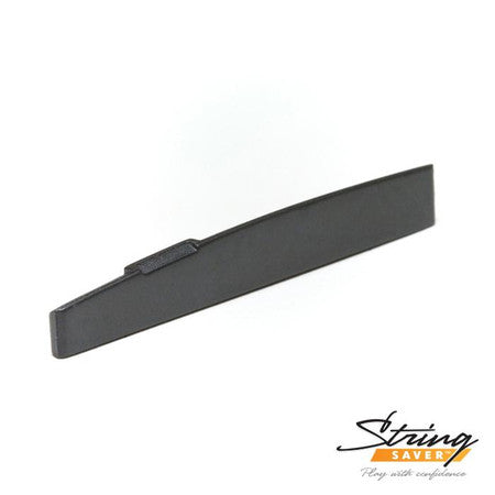 Black elongated compensated saddle piece for guitar string support with String Saver logo.