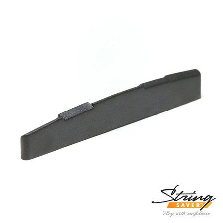 Black guitar saddle with raised sections on top and String Saver logo in corner on white background.
