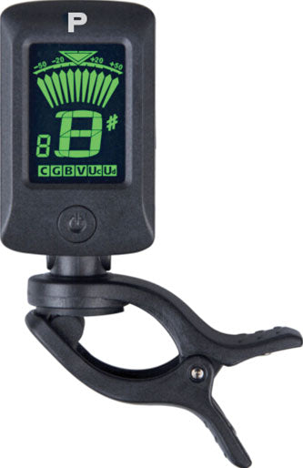 Black clip-on digital tuner with green display showing note and tuning scale and a push button below screen.