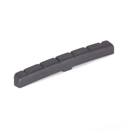 Black slotted fender nut or saddle with six slots on a white background.