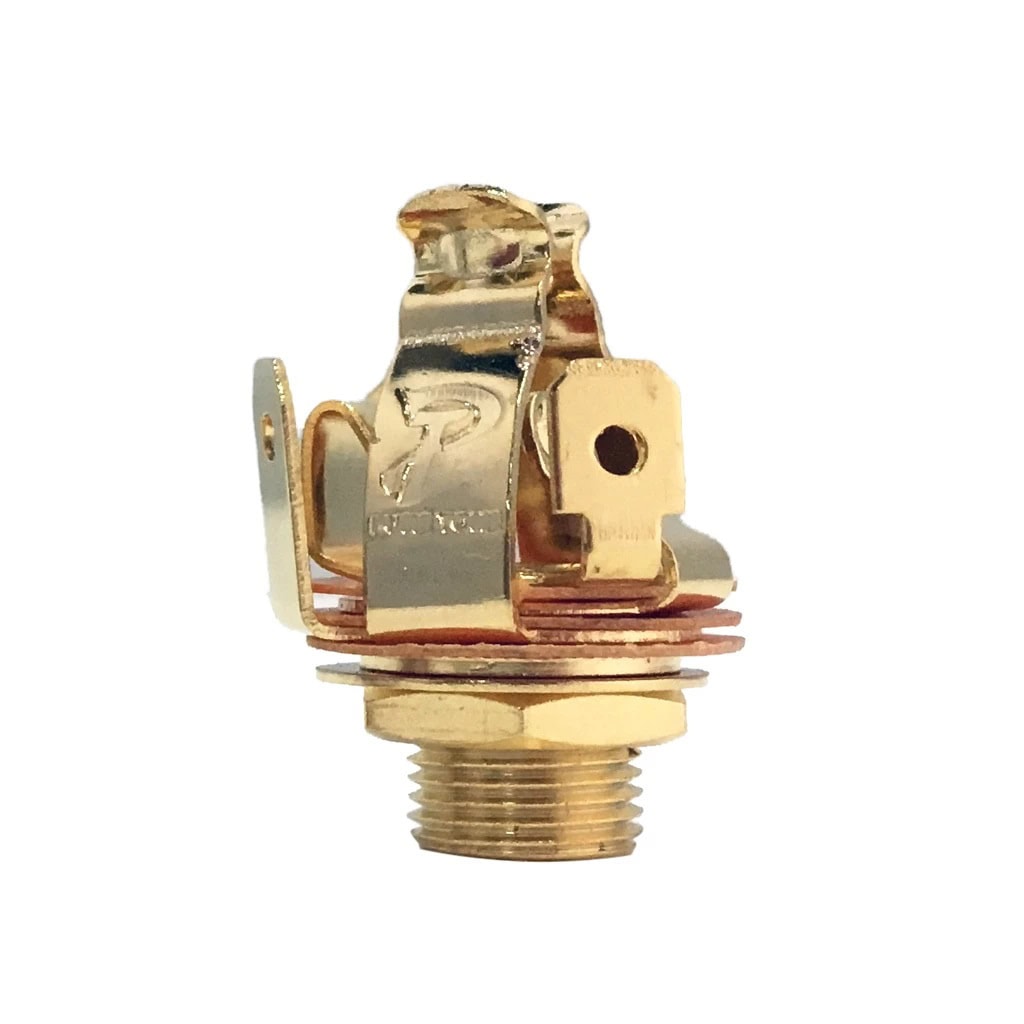 Gold-colored metal stereo panel mount jack with threaded fastening and multi-contact terminals.
