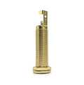 Gold colored cylindrical barrel jack connector with threaded body and solder lugs on top.