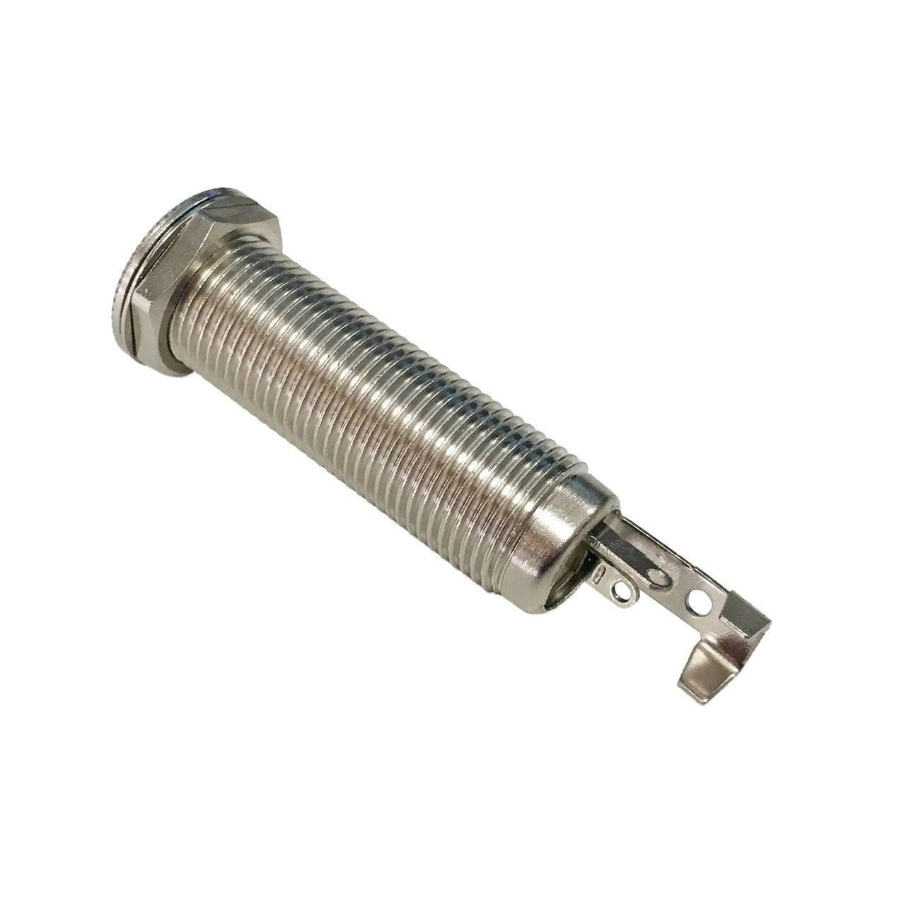 Silver metal cylindrical 1/4 inch barrel jack with threaded body and solder terminals.