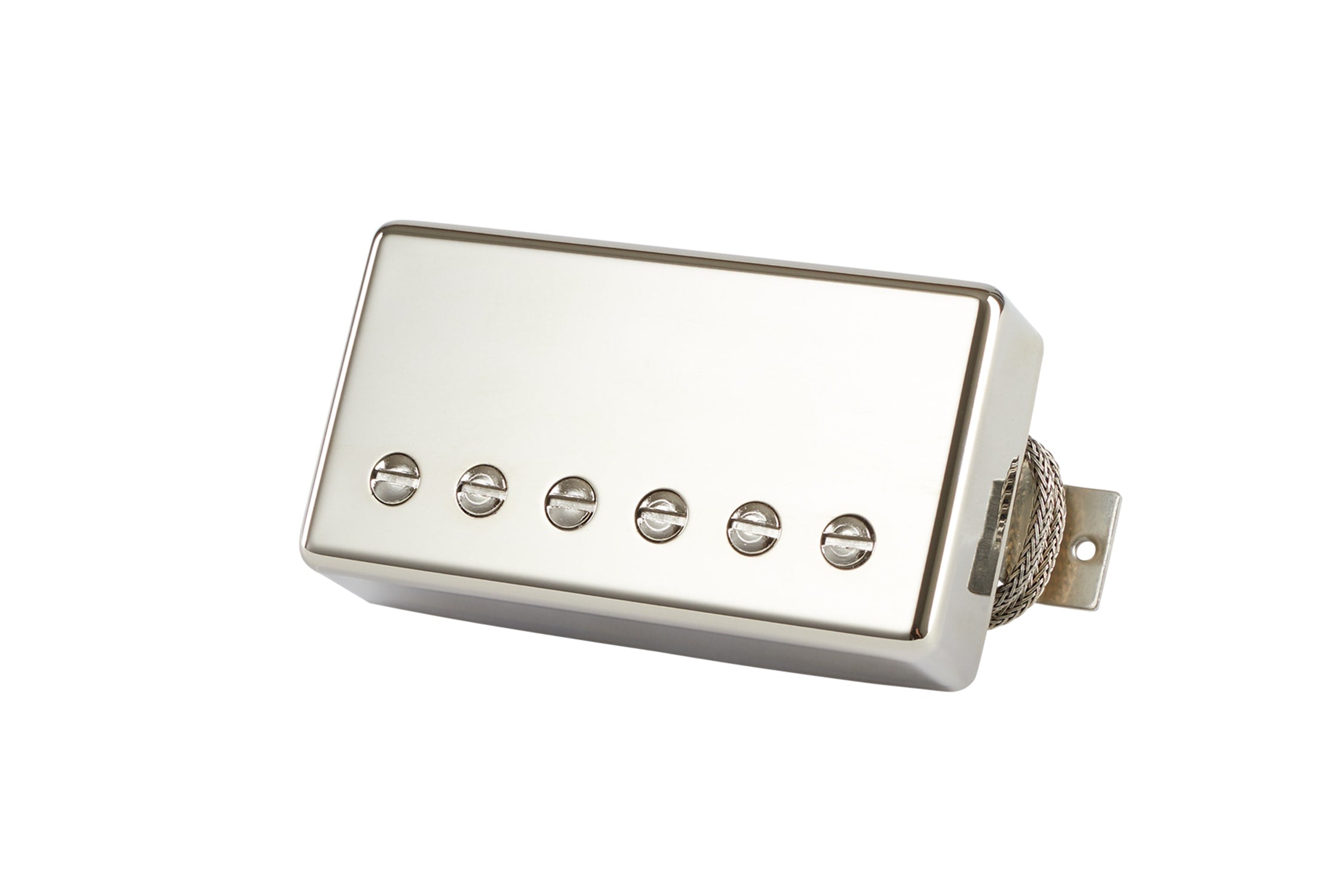 Silver metal guitar pickup with six screws and a braided wire connector on the side