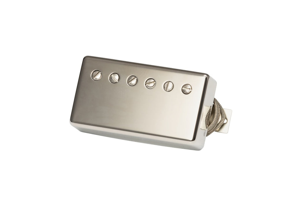 Nickel-colored guitar pickup with six adjustable pole screws and braided wire cable on white background.