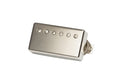 Nickel-colored guitar pickup with six adjustable pole screws and braided wire cable on white background.