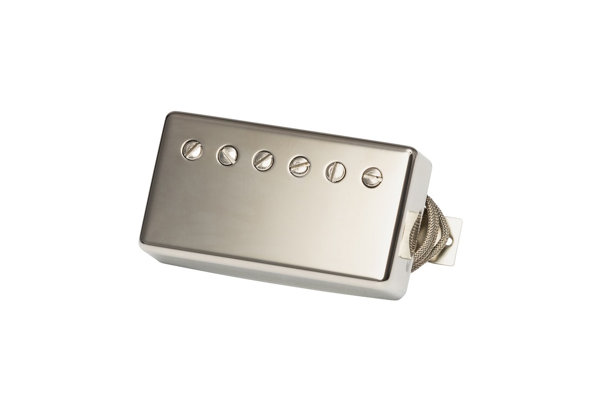 Nickel-colored guitar pickup with six adjustable pole screws and braided wire cable on white background.