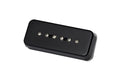 Black rectangular guitar pickup with six metal screw poles in two rows on top surface.