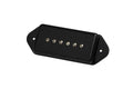 Black guitar pickup with six adjustable pole screws and mounting tabs on each side.