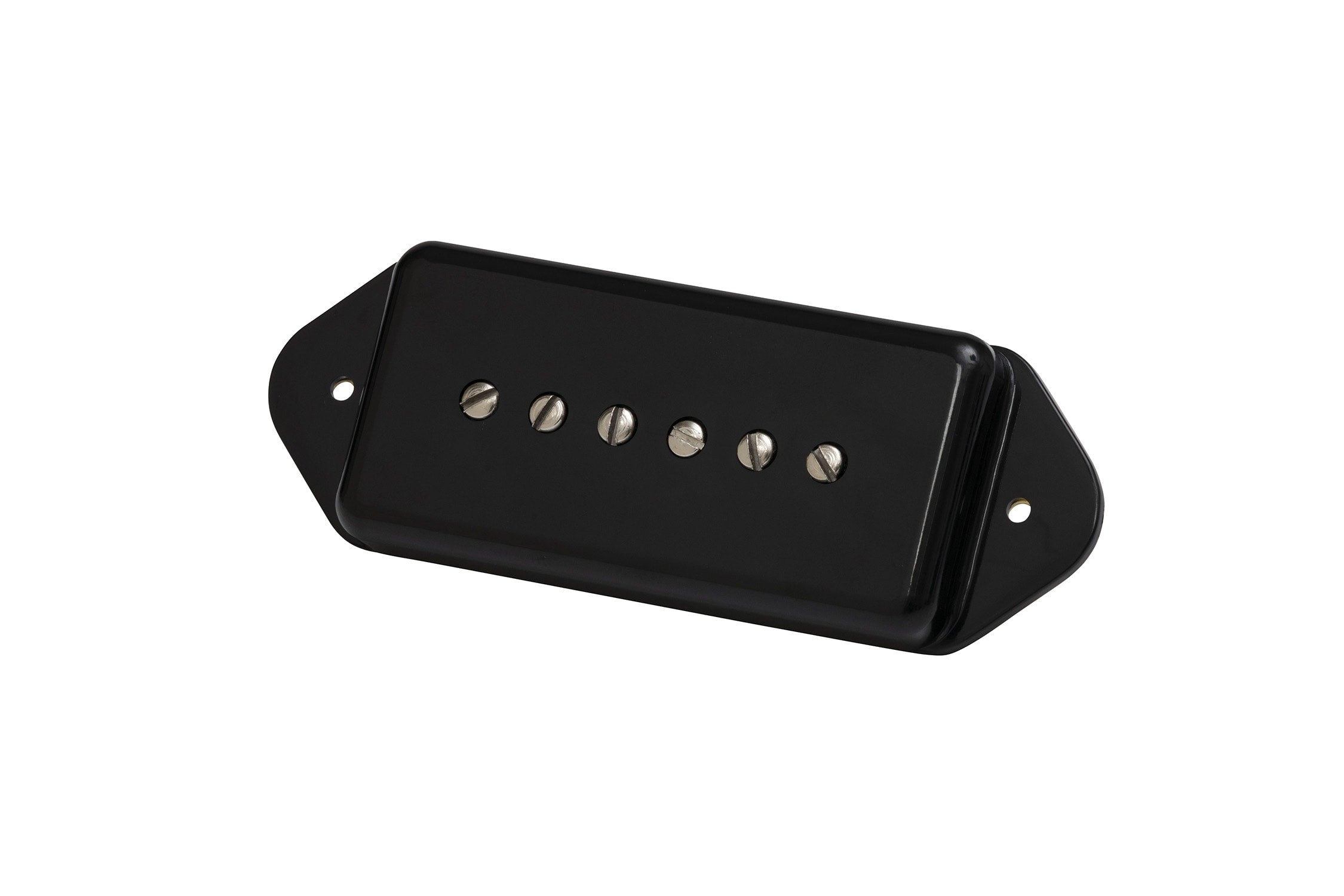 Black guitar pickup with six adjustable pole screws and mounting tabs on each side.