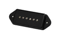 Black rectangular guitar pickup with six metal pole pieces and mounting tabs on each side.