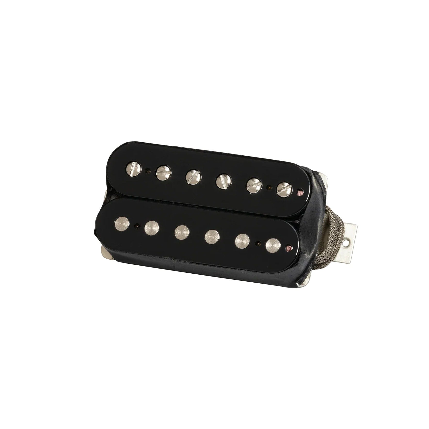 Black humbucker style guitar pickup with six adjustable pole screws on each coil and a fabric-wrapped connection wire.