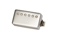 A nickel-colored electric guitar pickup with six adjustment screws and a braided wire connector.
