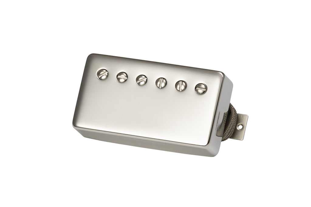 Silver metal electric guitar pickup with six screws and a braided wired lead