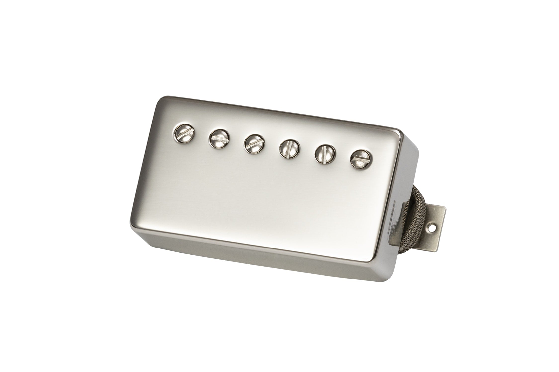 Silver metal electric guitar pickup with six screws and a braided wired lead