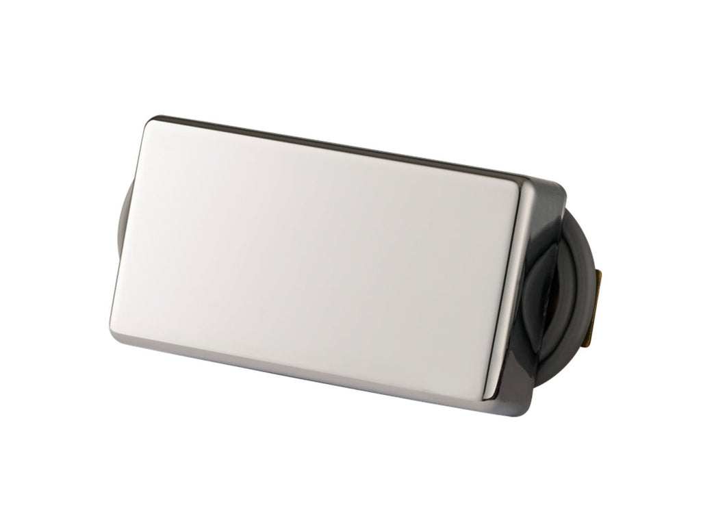Close-up of a silver rectangular guitar pickup with attached wires on a white background.