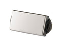 Close-up of a silver rectangular guitar pickup with attached wires on a white background.