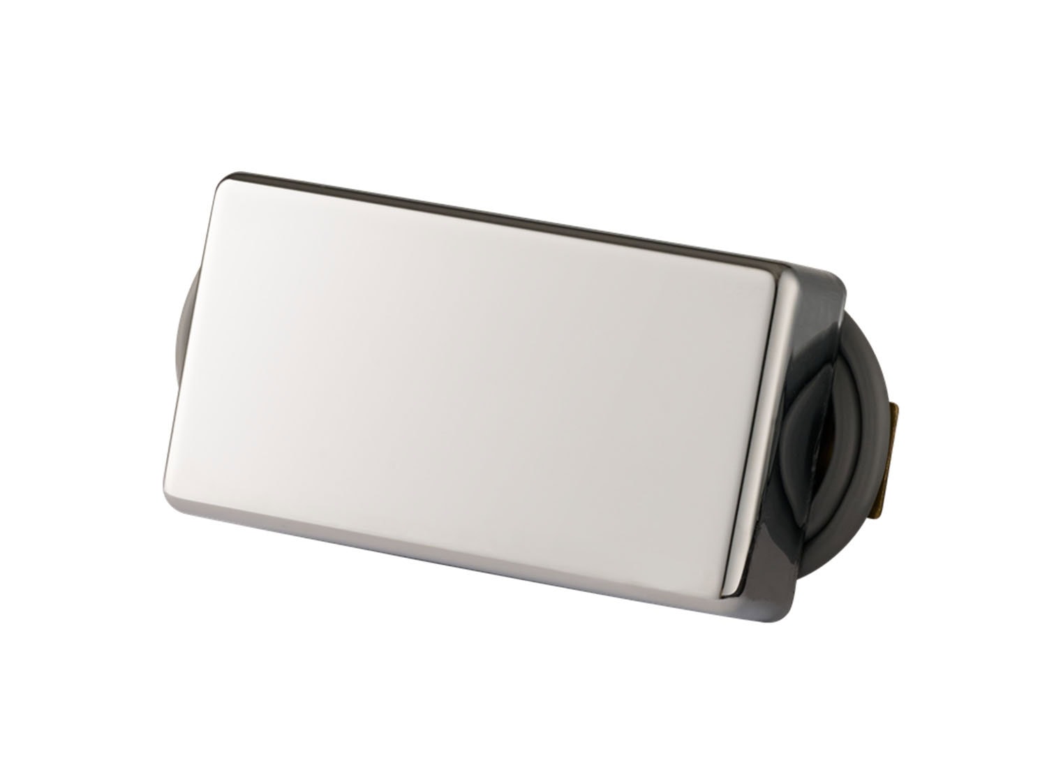 Close-up of a silver rectangular guitar pickup with attached wires on a white background.